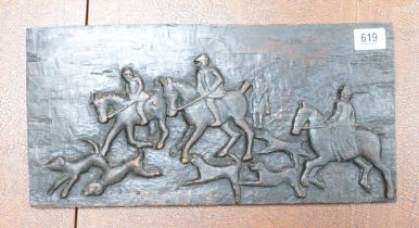 Carved Wooden Panel With Hunting Scene 22cm x 45cm