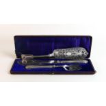 19th century silver plated pair of fish servers, boxed with a silver plated ornate cake serving