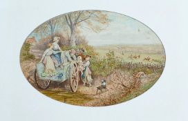Miles Birket Foster (monogramed) oval mounted watercolour of Children On A Cart with Fox Hunt in the
