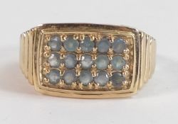 Ladies 9ct gold ring set with single pale blue stones, size T/U,7.7g.