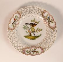 Meissen, Late 19th Century, Reticulated Shallow Dish decorated with birds atop branches, three