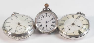 Two Silver English Lever pocket watches and small Silver ladies fob watch. (3)