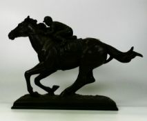 Large Bronzed Resin Figure of Racehorse & Jockey, Crosa, height 24cm