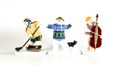 Coalport Snowman Figures of Snowball Fight, Strumming Away and Ice Hockey. (3)