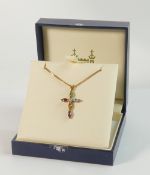 9ct gold cross set with various coloured stones and 9ct gold chain, 4.5g.