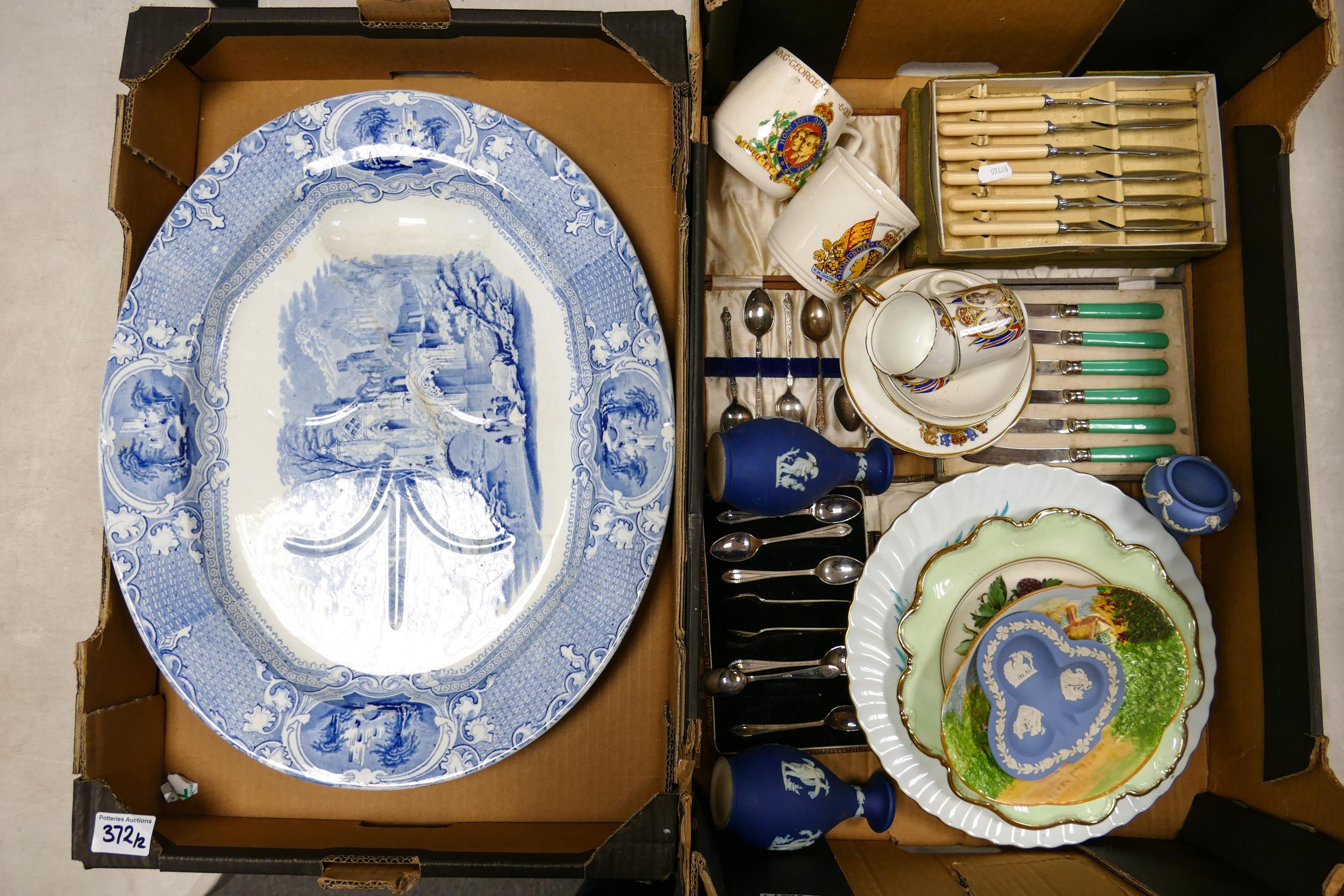 A mixed collection of items to include Silver plated cutlery sets, large Blue & white turkey