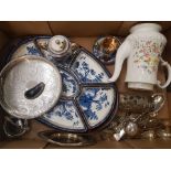 A mixed collection of items to include Booths Old Willow hors d'oeuvre dish in wooden tray,