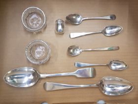 A small collection of English Sterling Silver Items to include Georgian and Early Victorian Spoons