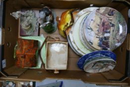A mixed collection of items to include decorative wall plates, continental figures, Price Kensington