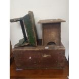 Iron Banded Wooden Box with Lock together with two small Ecclesiastic Stools (3)