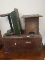 Iron Banded Wooden Box with Lock together with two small Ecclesiastic Stools (3)