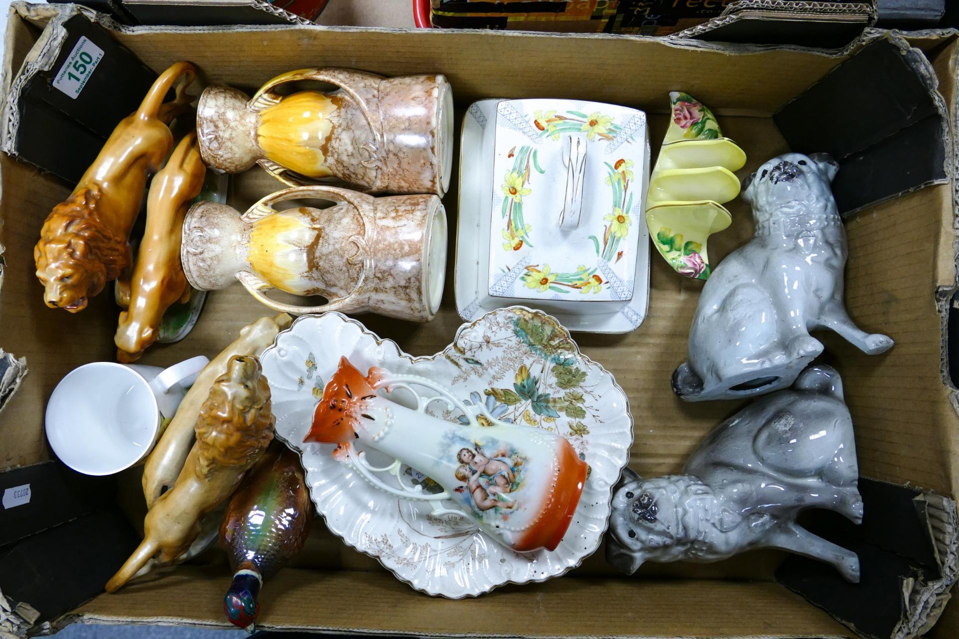A mixed collection of items to include Continental figures of lions & dogs, Sylvac Art Nouveau