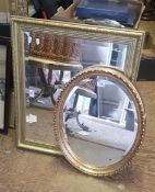 Two modern gilt framed wall mirrors, one oval, one rectangular, both with bevelled plates, size of