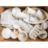 A collection of white Shelley ware to include toast racks, beaker, mugs, lidded broth bowl etc (18)