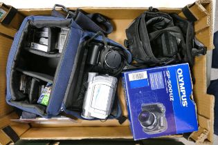 A mixed collection of camera equipment to include Olympus Sp-500UZ 6mp digital camera , boxed with
