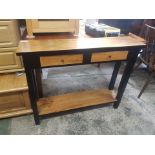 Unusual and very slim decorative 2 drawer side / hall table, in contrasting light and dark woods,