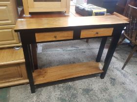 Unusual and very slim decorative 2 drawer side / hall table, in contrasting light and dark woods,