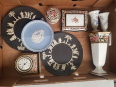 A collection of Wedgwood items to include Blue jasperware plates, clio patterned mantle clock, vase,