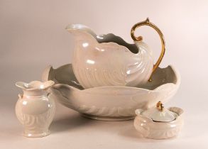 Shelley Spano lustre iridescent glaze shell shape wash bowl, ewer, soap dish holder and toothbrush