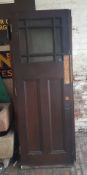 A Pair of Distressed Oak Glazed Doors with Stained Glass Panels. Original Heavy Brass hinges