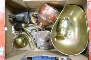 A mixed collection of metal ware items to include Water Jug, Shops scales trough , cast iron