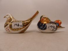 Royal Crown Derby Paperweight Mandarin Duck and Pigeon both with silver stoppers (height of