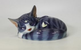 Royal Copenhagen pottery model of curled cat, diameter 15.5cm