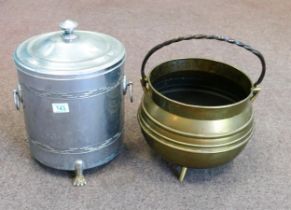 Brass Gypsy Kettle / Stove together with chromed metal coal bucket(2)