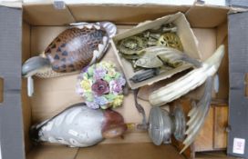 Mixed collection of items to include two painted Decoy ducks, one horn model of a flying fish, an