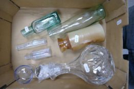 A mixed collection of items to include glass decanter, vintage glass bottles etc (1 tray) together