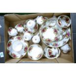 Royal Albert Old Country Rose patterned items including cups, saucers, 3 tier cake stand, fruit