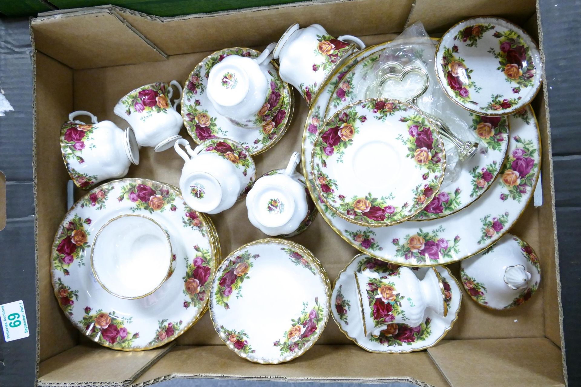 Royal Albert Old Country Rose patterned items including cups, saucers, 3 tier cake stand, fruit