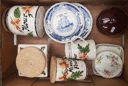 A mixed collection of ceramic items to include Toni Raymond storage jars, Wedgwood blue and white