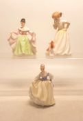 Three small Royal Doulton lady figures to include Fair Lady HN3216, Sit HN3123, Sara HN3219
