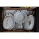 Shelley white ware to include muffin dish, lidded meat dish, veg dish with saucer (4)