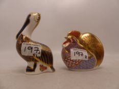 Royal Crown Derby Paperweights Brown Pelican and Cockerill (Both Silver Stopper)