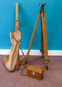 Vintage Wooden Engineers / Surveyors Tripod & Watts London Dumpy Level with staff & cased