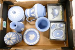 Wedgwood, Blue Jasperware items to include vases, lidded pots and miniatures etc.