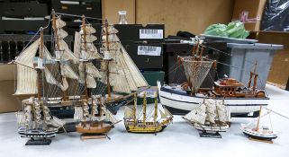 A collection of Modern wooden Sailing Ships & similar trawler , tallest 45cm (3)