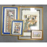 Four Framed Asian Artworks, three Egyptian Papyrus Paintings together with one depicting an Indian