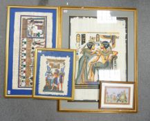 Four Framed Asian Artworks, three Egyptian Papyrus Paintings together with one depicting an Indian