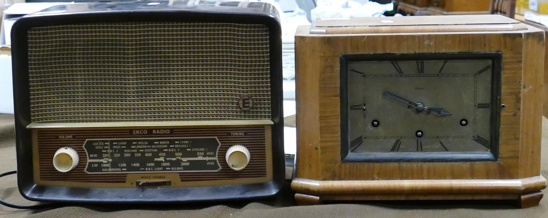 ECKO radio model U245 together with Clarion Clock Company of London art deco open faced Mantle clock