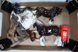 A mixed collection of items to include pottery horses, similar wooden figure, pottery postbox etc