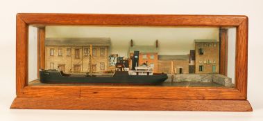Oak Cased Ship in Port Diorama, case length 33cm