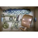 A mixed collection of metal ware items to include Brass Twist Candlesticks, large copper Kettle ,