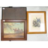 Three Framed artworks, one J. Carlos Oil on Canvas, one reproduction map of Worcestershire c.1265