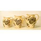 S. F & Co Delhi patterned set of three graduated jugs. Height of tallest 19cm