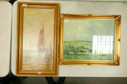 Early 20th Century, Oil on Canvas, Dutch Sailors Farewell scene together with a Modern Print beach