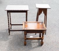 A collection of antique furniture to include Pie Crust Topped Table, small plant stand and priory