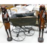 Victorian Dolls Pram together with two carved and painted African figures